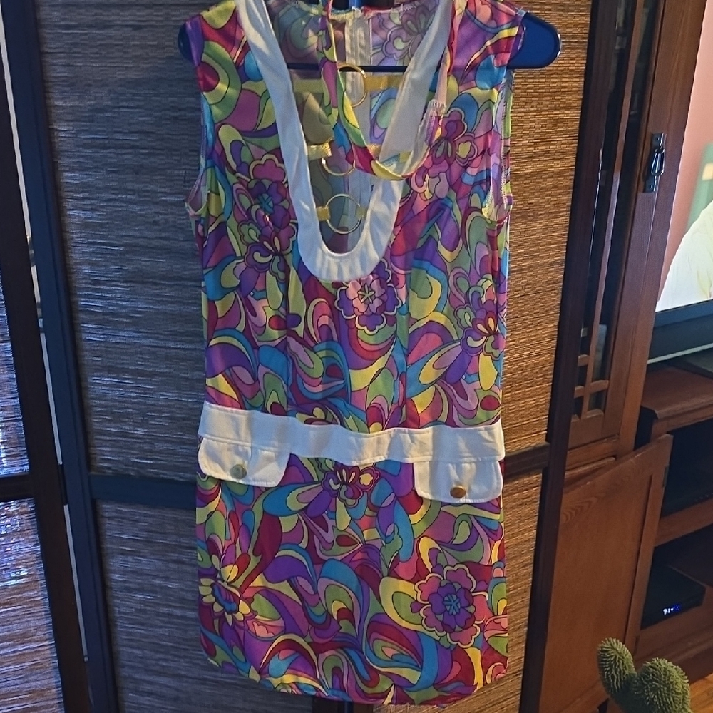 Colorful Sleeveless 70's Theme  Dress/Costume with White Accents